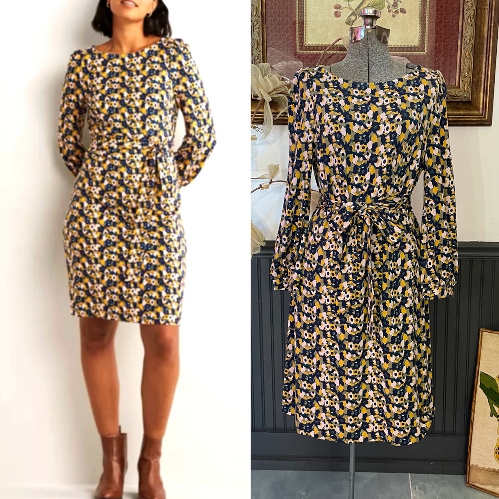 Boden Jersey Dress Tie Waist Tulip Cluster Print French Navy - Sz 10 🧡🎀